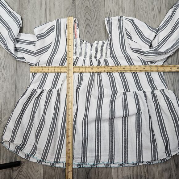 Wrangler Retro Top Womens L White Stripe Embroidered Bell Sleeve Smocked Boho - Picture 6 of 6